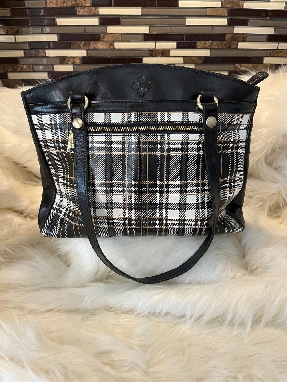 Patricia Nash Black and White Plaid Tote with Gold Accent